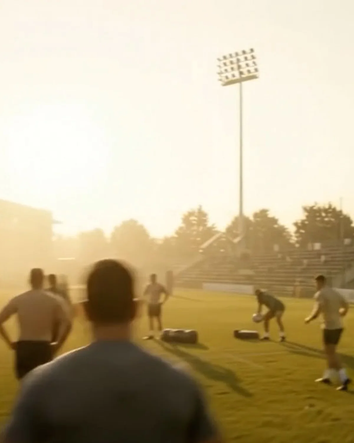 Un entrenador de espaldas mira el entrenamiento: jugadores con bolsas de tackle a contraluz, al atardecer.